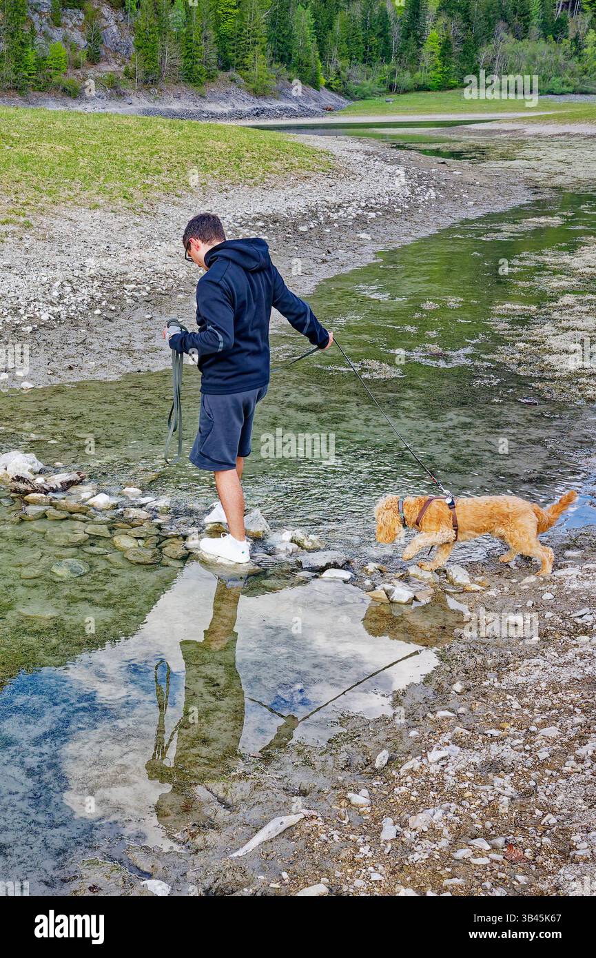 Wanderung mit jungem Hund. Der Hundebesitzer überquert mit seinem Welpen den schmalen Bach über einen kleinen Steindamm. Ruhpolding Bayern Deutschland *** escursioni con un giovane cane il proprietario del cane attraversa lo stretto ruscello con il suo cucciolo su una piccola diga di pietra Ruhpolding Baviera Germania Copyright: XRolfxPossx Foto Stock
