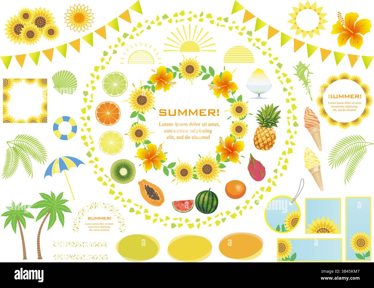 Elementi grafici estivi colorati vettoriali isolati su sfondo bianco. Illustrazione Vettoriale