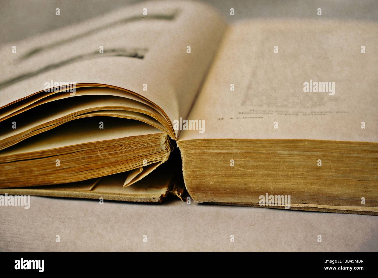 Un vecchio libro sul tavolo. Apri il vecchio libro con testo su sporco sfondo vintage bianco. Foto Stock