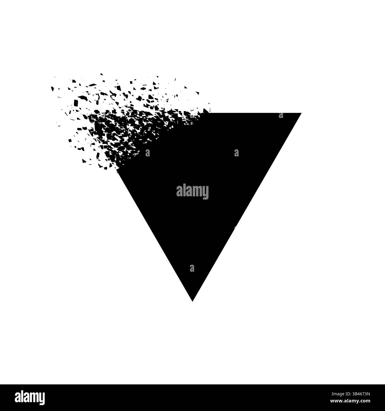 Triangolo nero invertito che si dissolve in frammenti sparsi, simboleggiando il decadimento, la trasformazione e il cambiamento Illustrazione Vettoriale