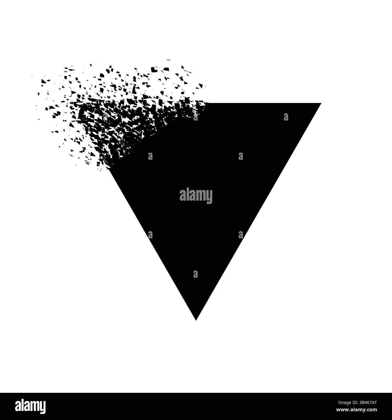 Triangolo nero invertito che si dissolve in frammenti sparsi, simboleggiando il decadimento, la trasformazione e il cambiamento Illustrazione Vettoriale