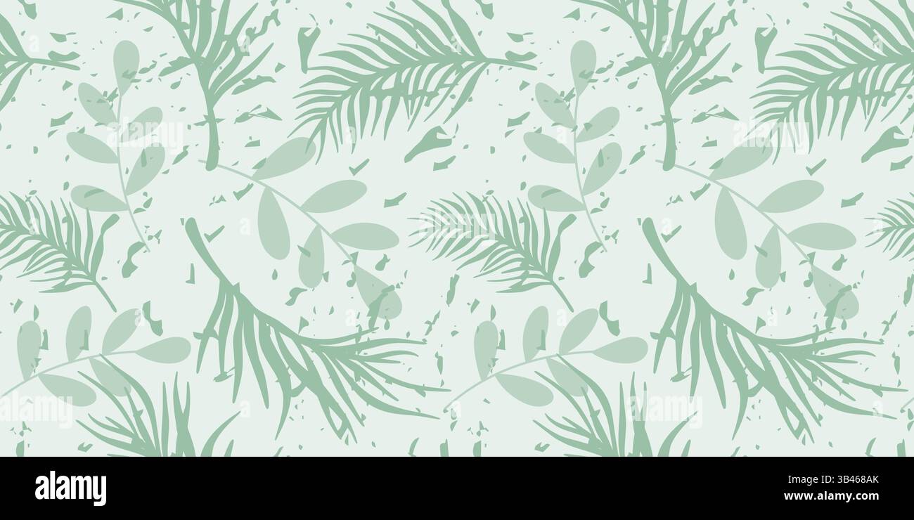 Motivo estivo senza cuciture nella foresta pluviale. Foglie di palma e altro sfondo fogliame. Stampa esotica tropicale, riempimento continuo naturale. Grafica vettoriale Illustrazione Vettoriale