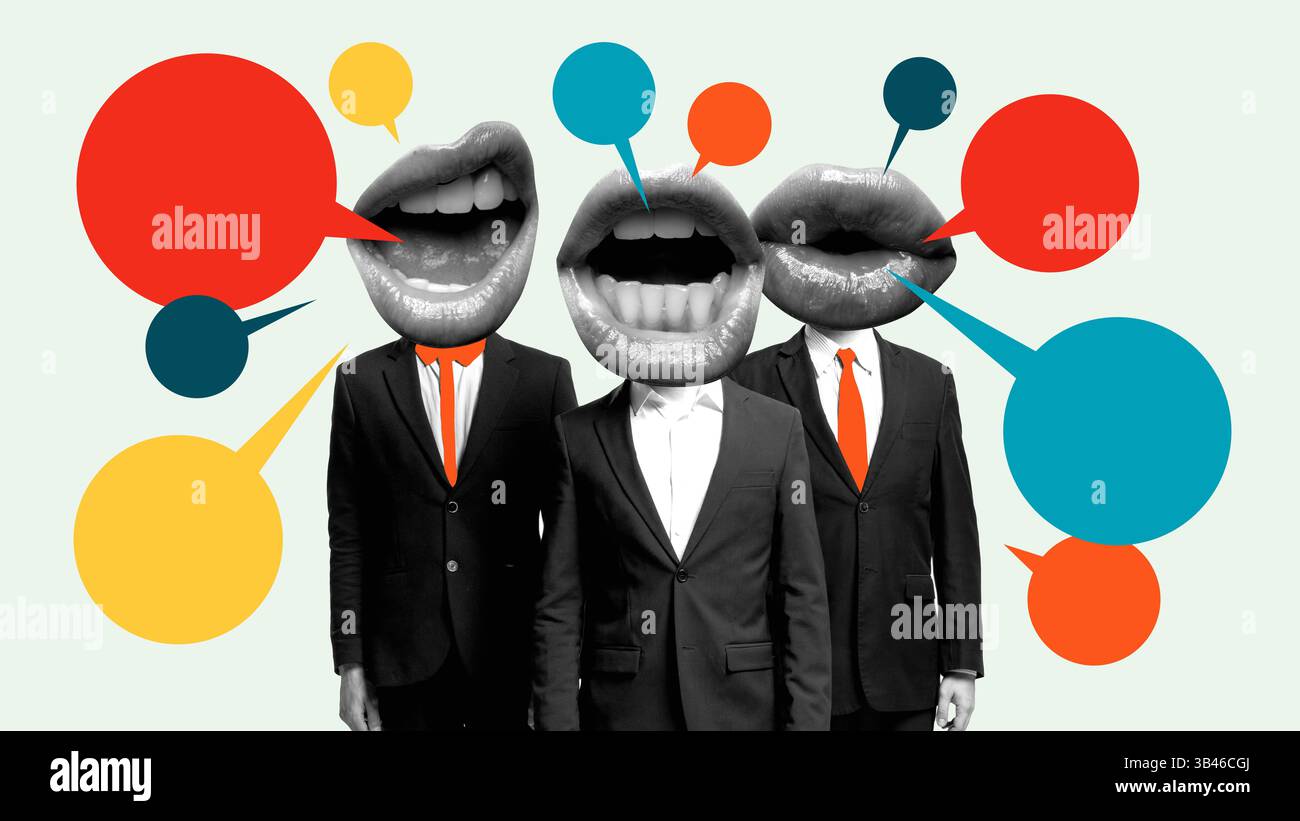 Collage d'arte contemporanea. Leadership vocale. Tre figure autorevoli in tuta con grandi bocche parlanti circondate da bolle di voce. Foto Stock