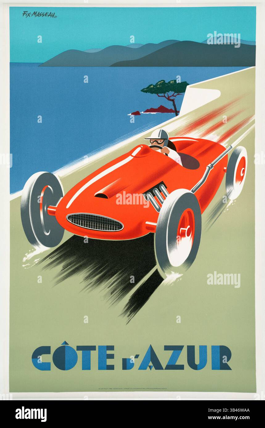 Travel porster promuovere il turismo a Nizza, Francia, Costa Azzurra, Art deco stilizzato poster di una crociera roadster rosso lungo la Costa Azzurra. Foto Stock