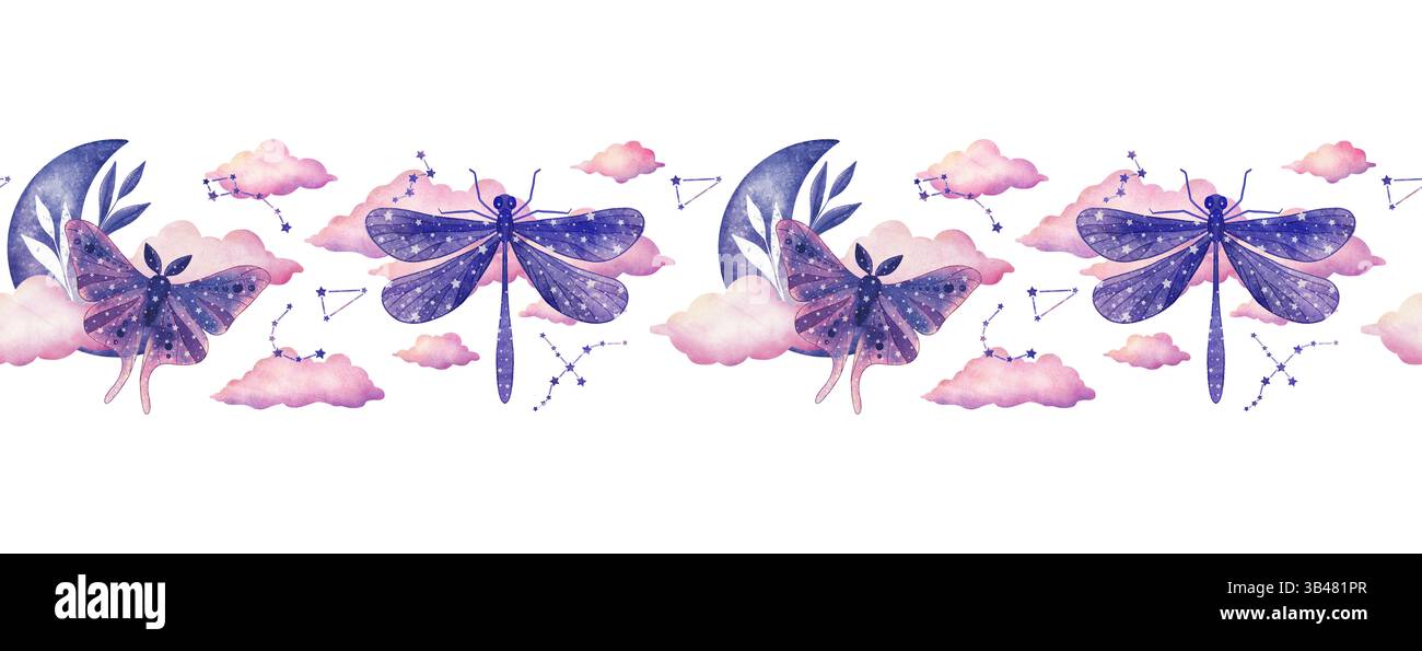 Bordi di falene cosmiche acquerelli e libellule Foto Stock