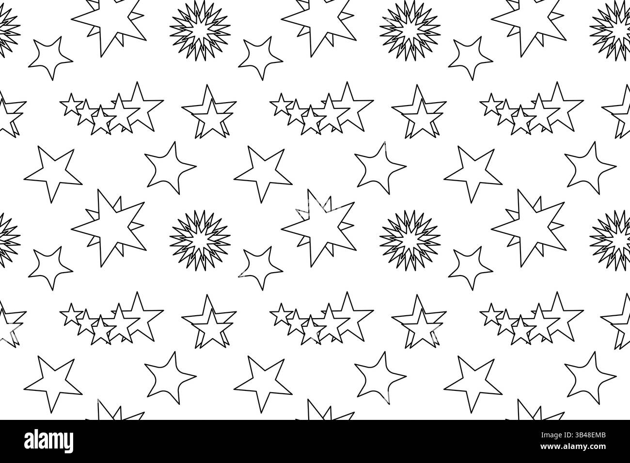 Pagina colorata ispirata a Memphis con motivo senza cuciture, caratterizzata da un cielo stellato costellato di stelle. Sfondo spazio. Perfetto per intrattenere i bambini Illustrazione Vettoriale