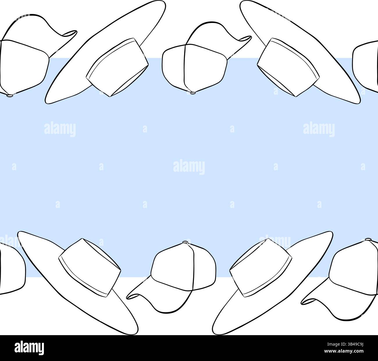 Cornice cappello da spiaggia modello bordo orizzontale senza cuciture per testo. Illustrazione dell'inchiostro con linee grafiche vettoriali. Striscioni, poster, carta da imballaggio, adesivo, stampa Illustrazione Vettoriale