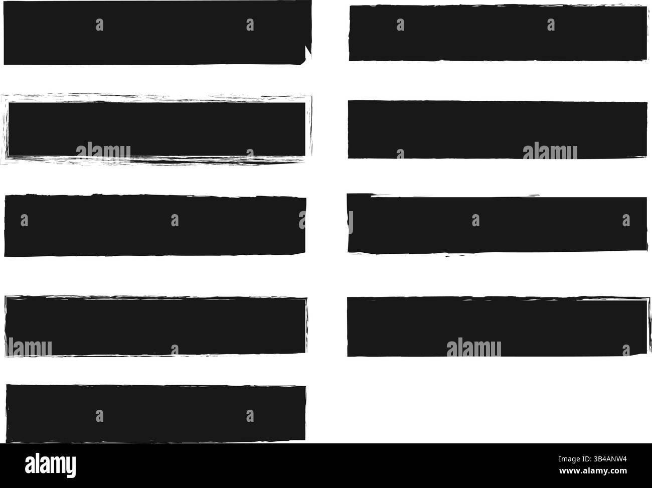 Set di rettangoli di pennello nero grunge, elementi di striscione disegnati a mano, cornici di grunge astratte, etichette vettoriali isolate per scrapbooking, evidenziazione del testo. Illustrazione Vettoriale