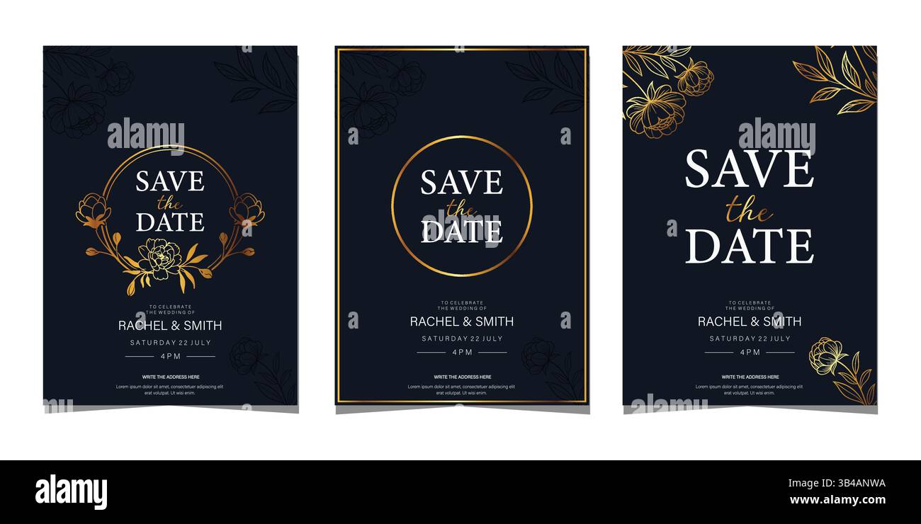 Set di quattro inviti di nozze, Save the date, illustrazioni vettoriali di biglietti d'invito per l'erbaccia floreale. Illustrazione Vettoriale