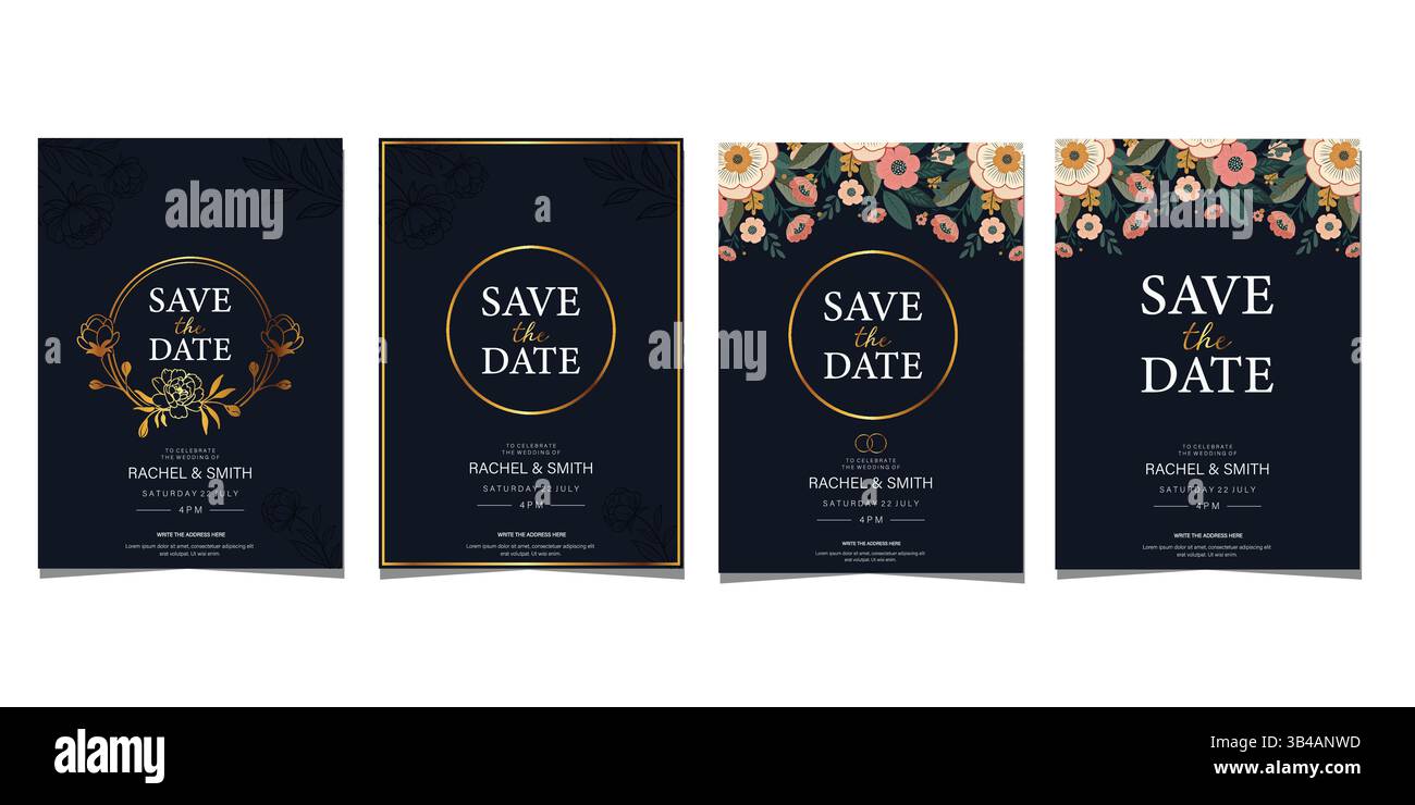 Set di lussuose cornici dorate per matrimoni, eleganti modelli vettoriali floreali e geometrici "Save the Date" per inviti e annunci di nozze moderni Illustrazione Vettoriale