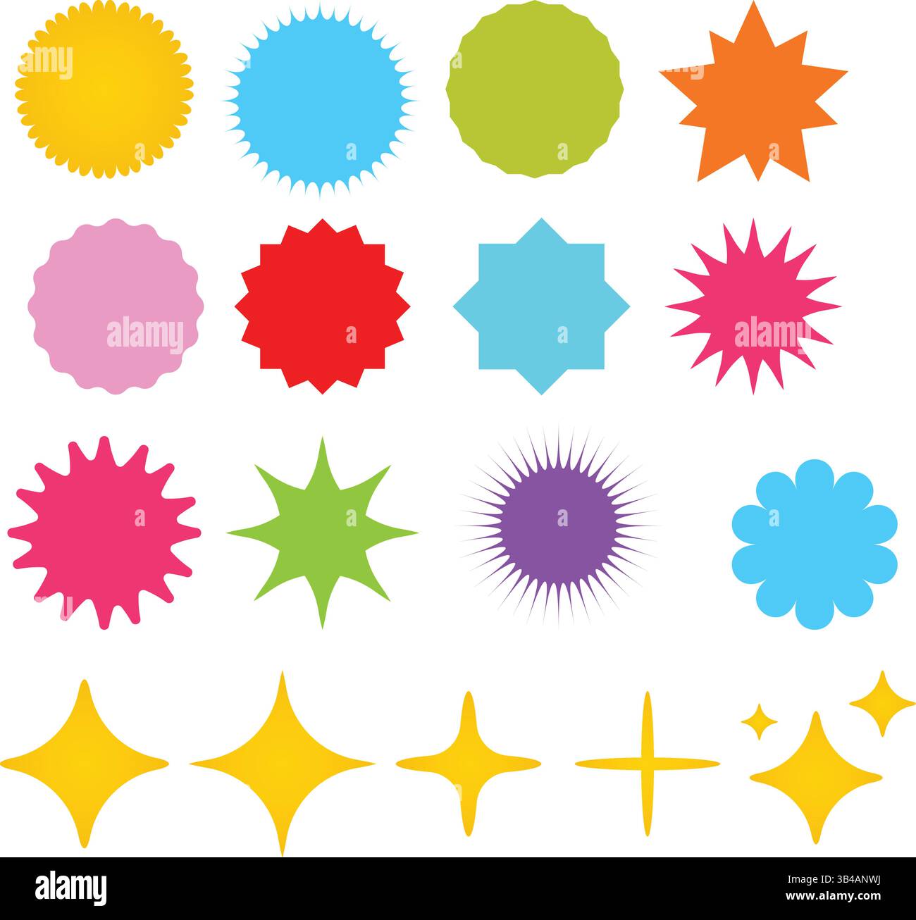 Set di stelle e scintille solari, icone vettoriali colorate di forme di base, illustrazione vettoriale. Illustrazione Vettoriale
