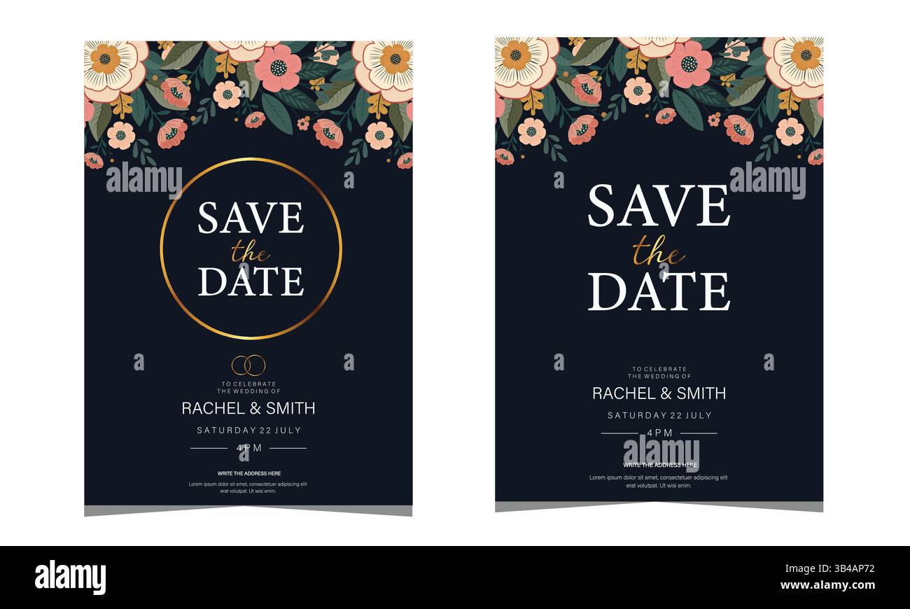 Set di due inviti nuziali, Save the date, illustrazioni vettoriali di biglietti d'invito per l'erbaccia floreale. Illustrazione Vettoriale