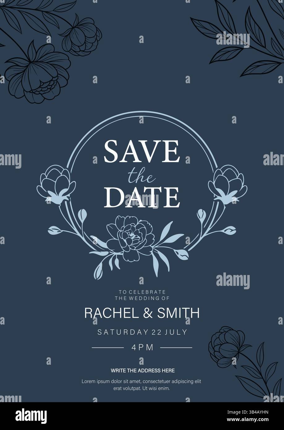 Elegante set di inviti per matrimoni floreali: Modelli "Save the Date" con sfondo scuro e fiori color oro e pastello, perfetti per matrimoni di lusso moderni. Illustrazione Vettoriale