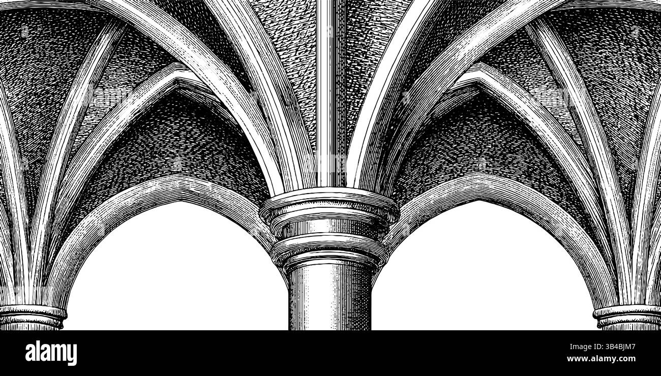 Dettagli architettonici della volta inguinale e archi a coste incisi per concetti di design storici. Illustrazione Vettoriale