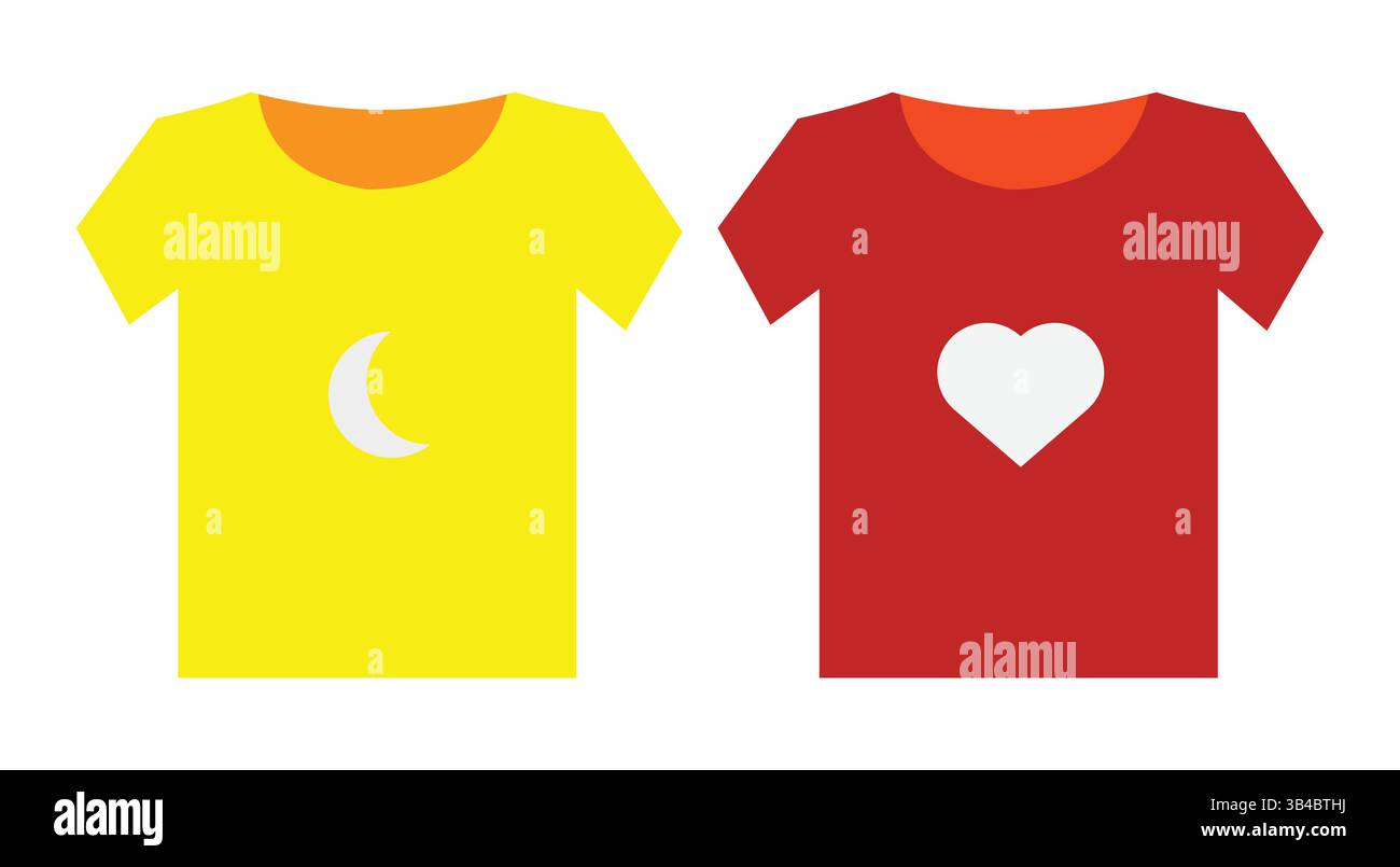 Due t-shirt a contrasto, una con la luna e l'altra con il cuore, per ispirare il design dell'abbigliamento. Illustrazione Vettoriale
