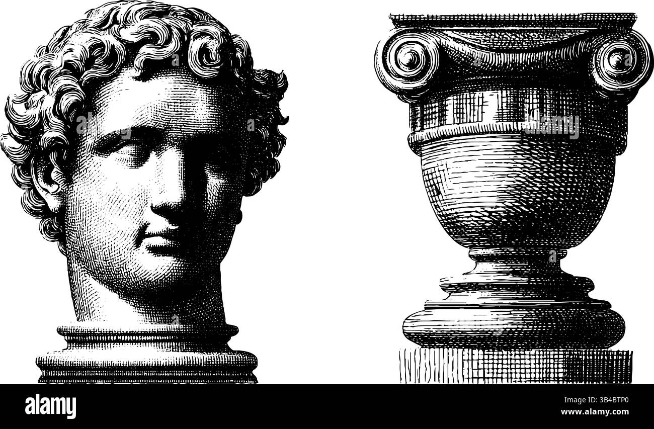 Illustrazioni di arte classica incise con colonne colorate e busto. Illustrazione Vettoriale