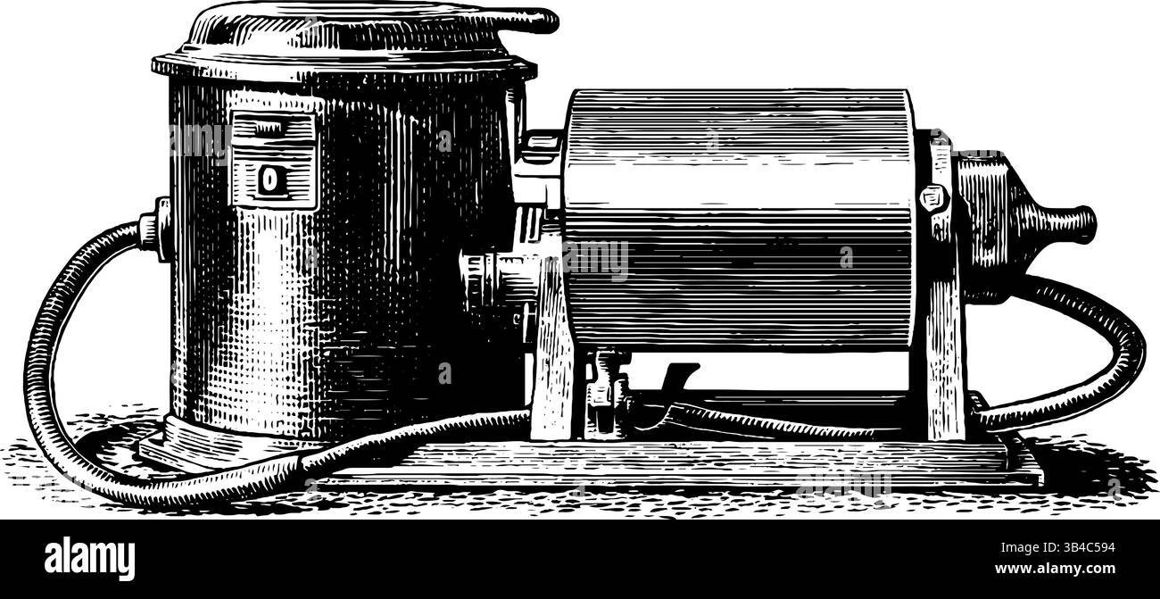 Estrattore di polveri industriale vintage e incisione a nastro per design e decorazione. Illustrazione Vettoriale