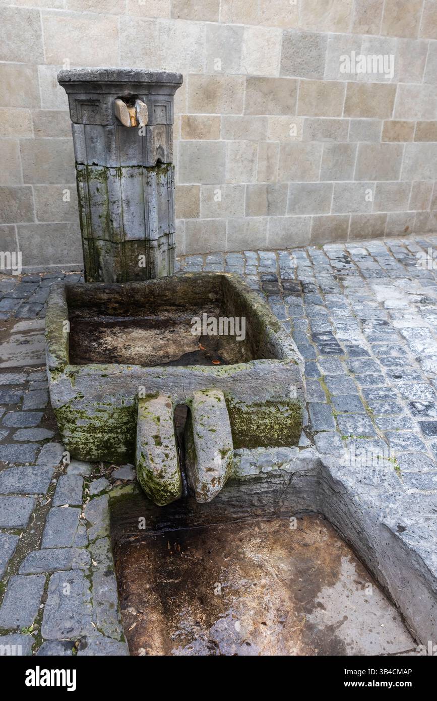 Un'antica fontana in pietra con acqua potabile, adagiata su un'area urbana acciottolata della vecchia Baku, Azerbaigian. Foto verticale Foto Stock
