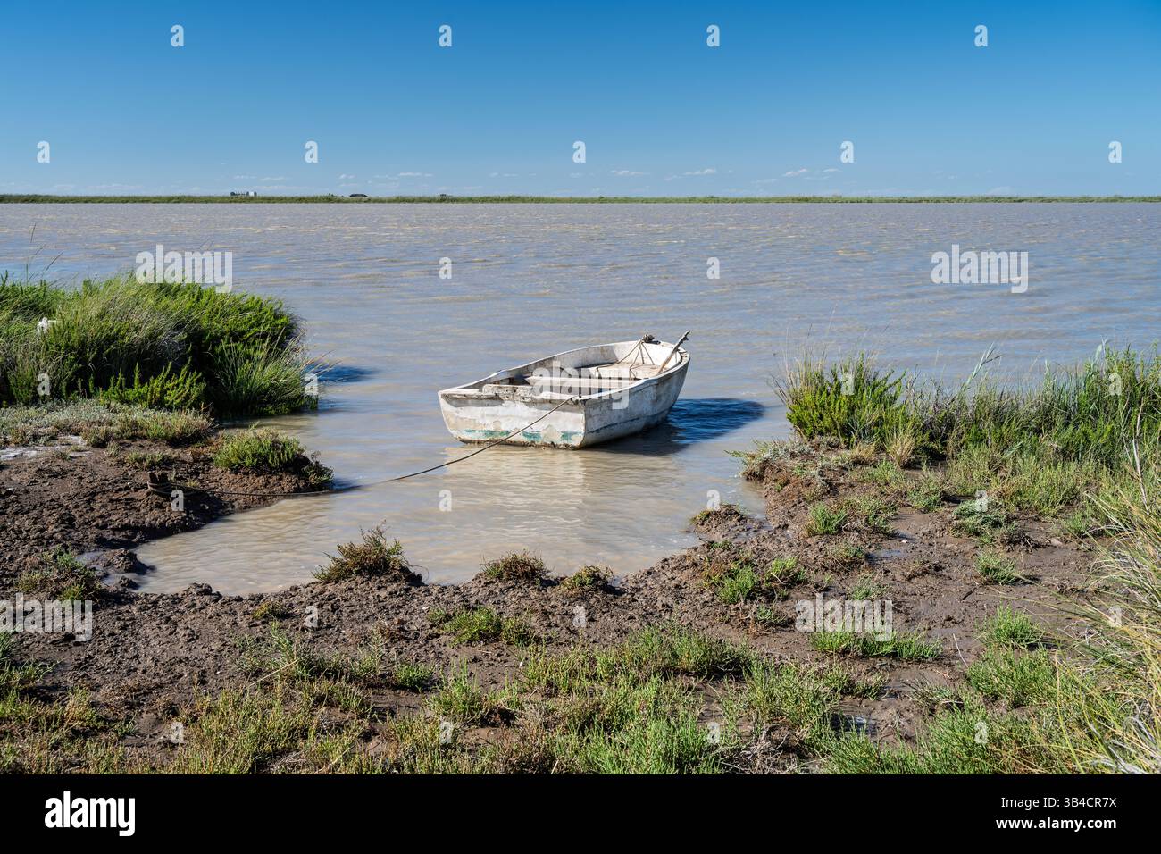 Una piccola barca è assicurata sulla riva fangosa del fiume Guadalquivir inferiore a Trebujena, che mostra il tranquillo paesaggio dell'Andalusia. Foto Stock
