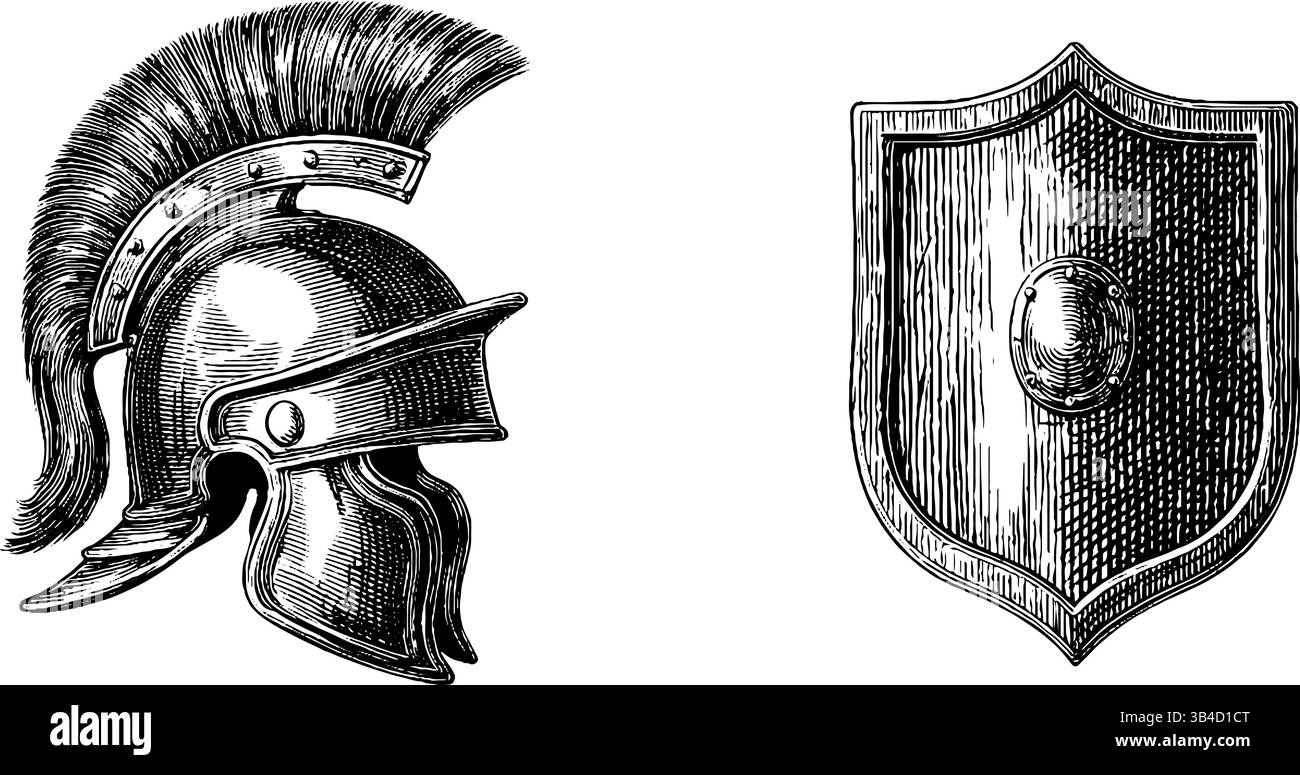 Elmetto romano inciso e illustrazione dello scudo per un design storico. Illustrazione Vettoriale