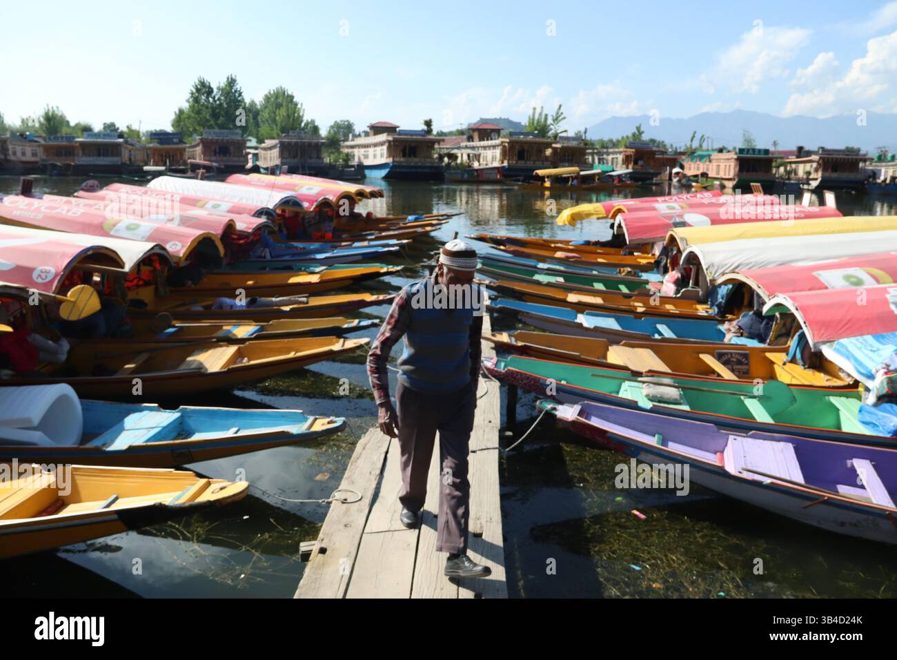 Turismo in stallo - un barcaiolo del Kashmir cammina tra file di shikara inattivi al lago dal, Srinagar, mentre le autorità indiane hanno chiuso 48 luoghi turistici Foto Stock
