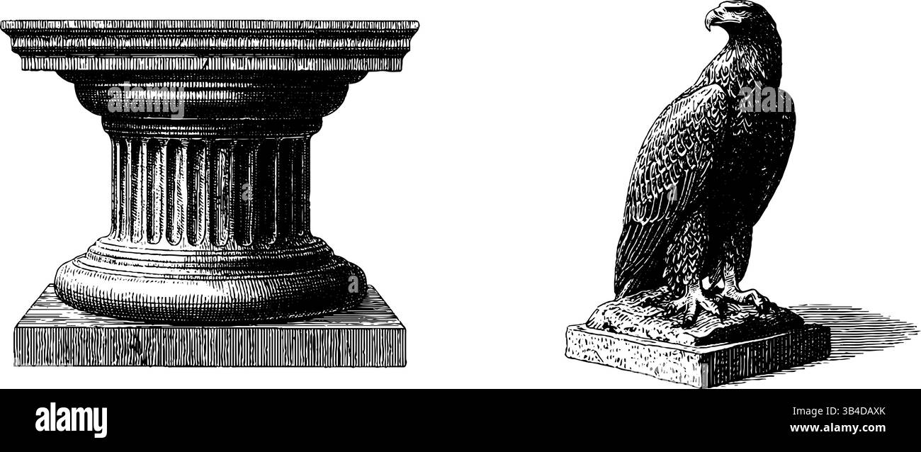 Set illustrativo con incisioni storiche con base del tempio e intricato design a flauto. Illustrazione Vettoriale