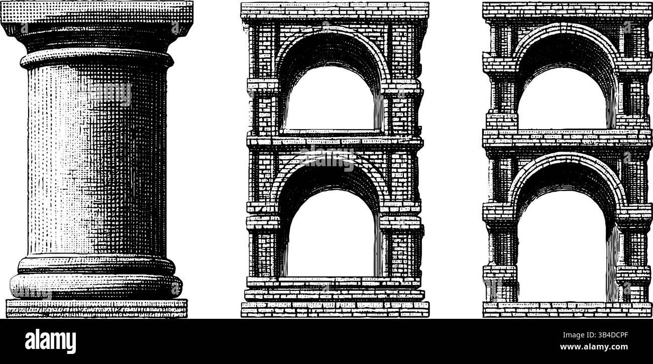 Illustrazioni architettoniche incise di triforio e strutture arcade. Illustrazione Vettoriale