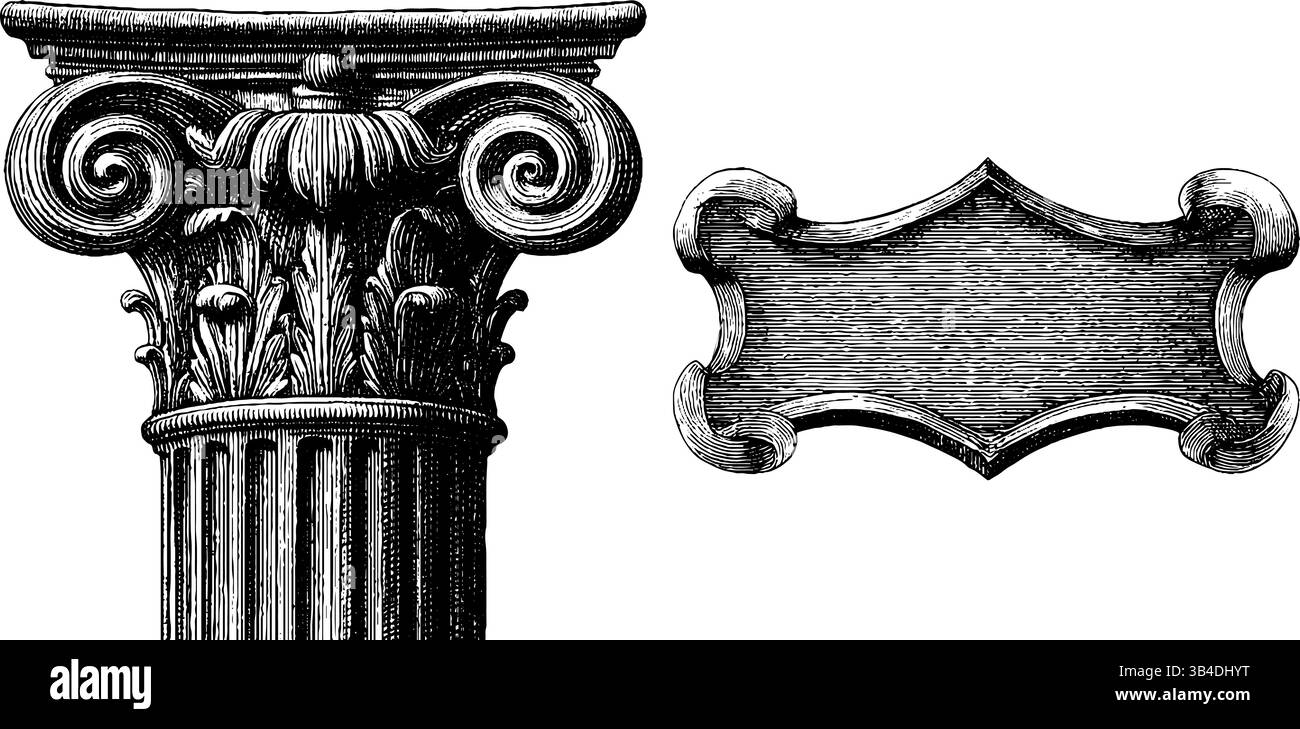 Colonna architettonica ornata con placca decorativa vintage. Illustrazione Vettoriale