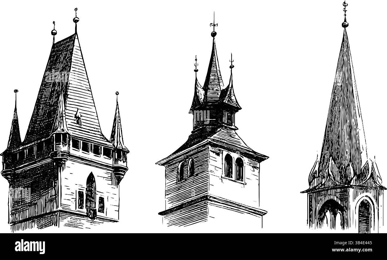 Torri gotiche con incisioni con intricati dettagli architettonici per progetti di design storici. Illustrazione Vettoriale