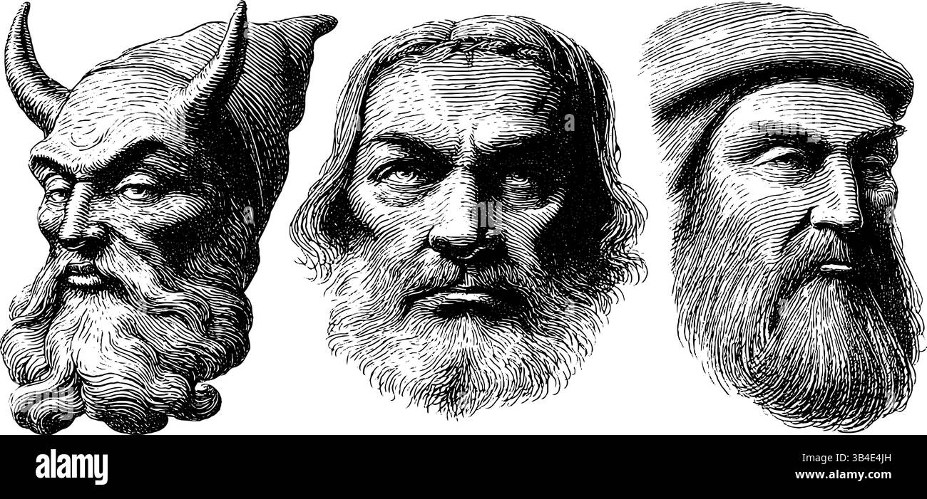 Intricati ritratti incisi di djinn e efreet - creature mitiche in stile artistico. Illustrazione Vettoriale