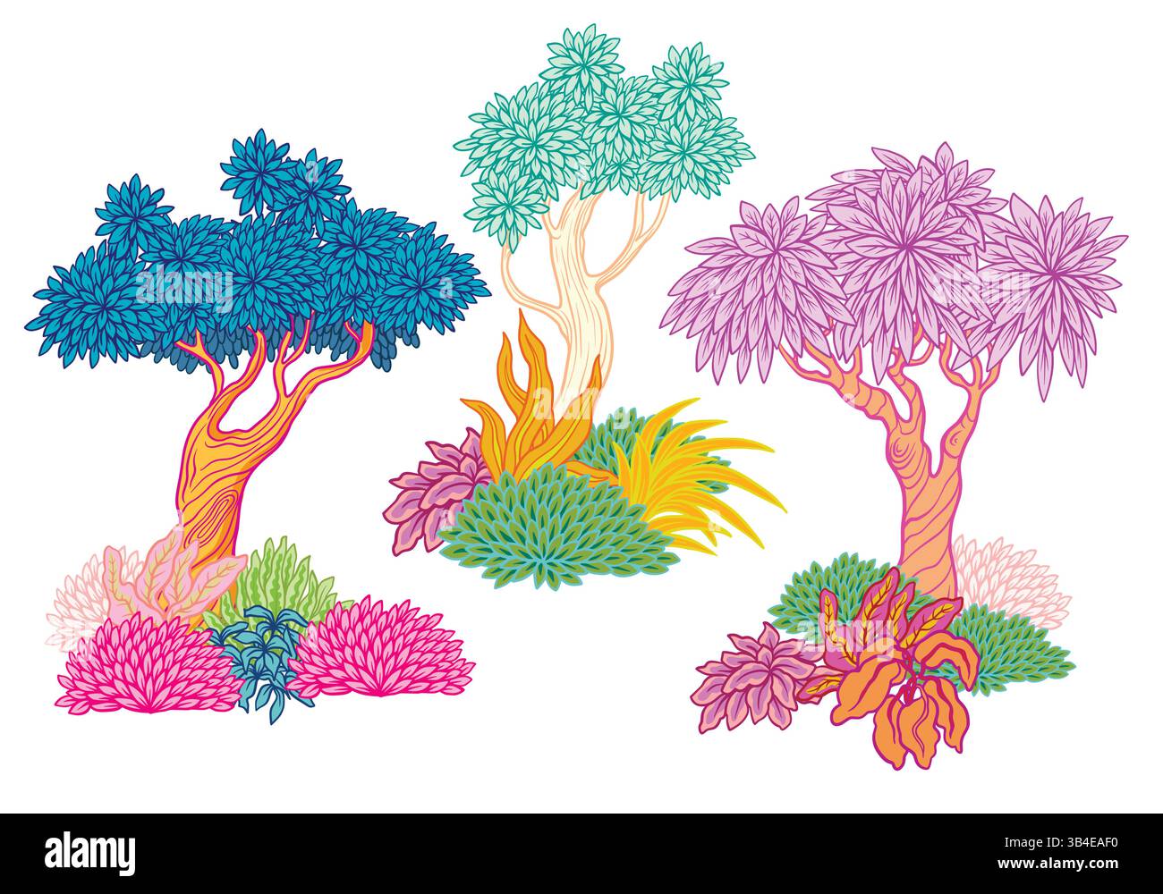 Alberi e piante vivaci stilizzati in stile grafico. Vettore. Illustrazione Vettoriale