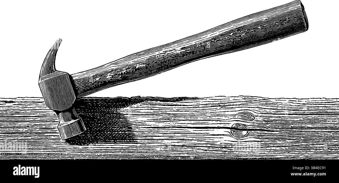 Illustrazione vintage incisa di martello e chiodi su una superficie in legno per design e stampa artigianali. Illustrazione Vettoriale