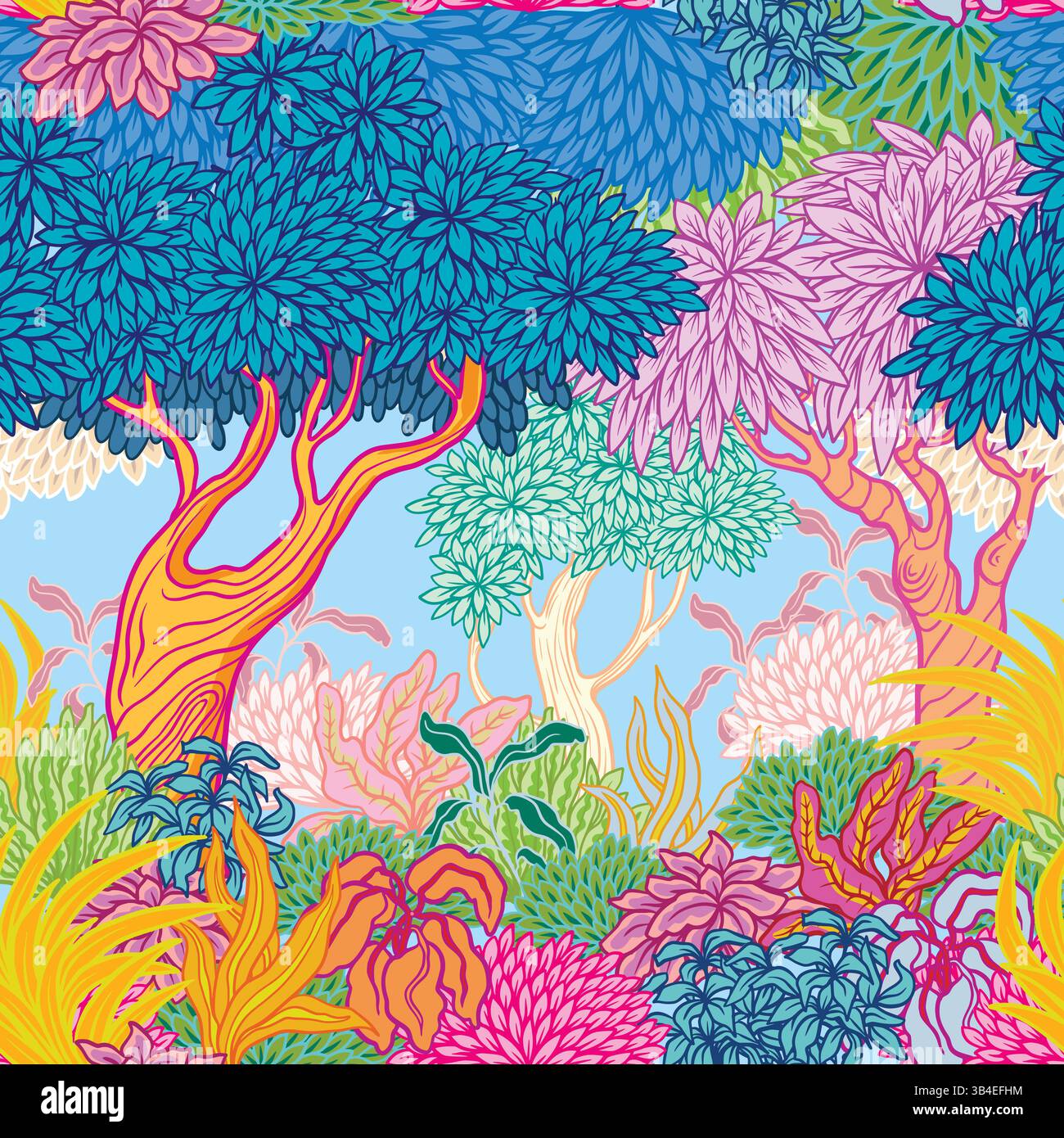 Murale con vividi alberi e piante stilizzate in stile grafico. Vettore. Illustrazione Vettoriale