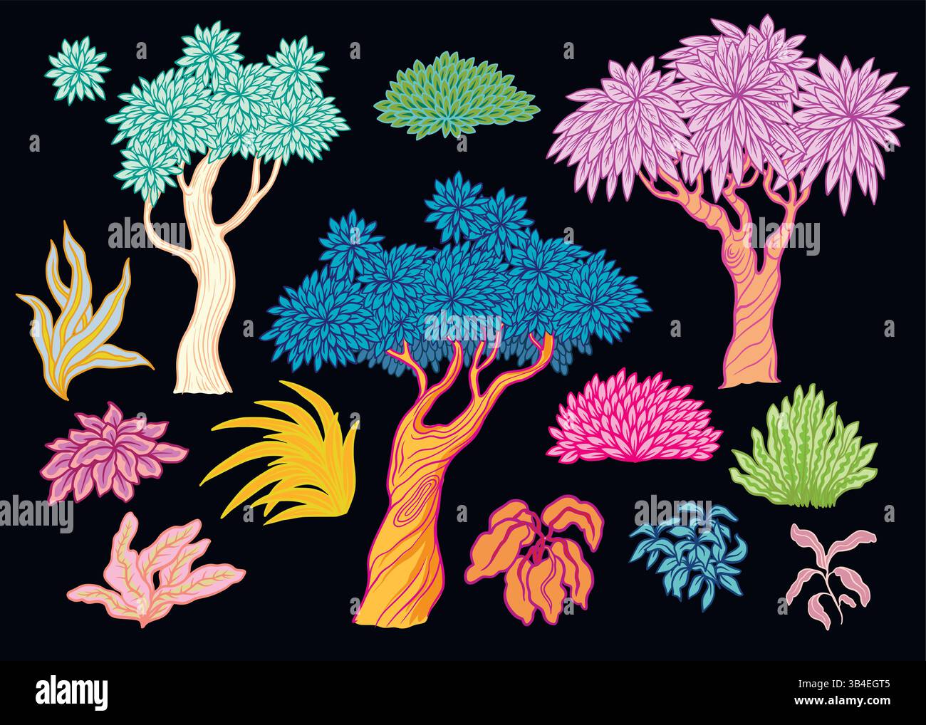 Alberi e piante vivaci stilizzati in stile grafico. Vettore. Illustrazione Vettoriale