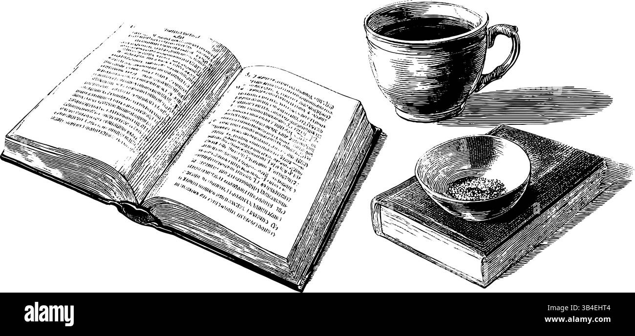 Illustrazione vintage della lista di lettura con libri e tazza da tè per il design educativo. Illustrazione Vettoriale