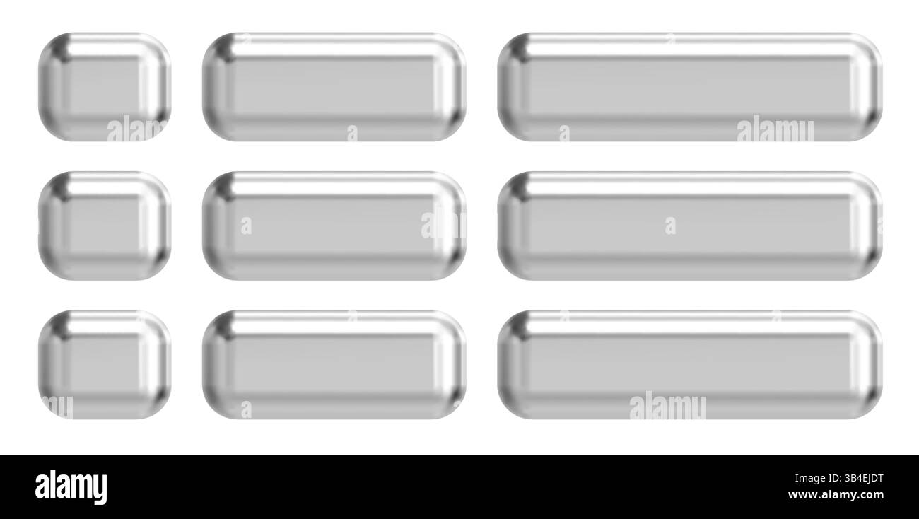 Argento con bottone cromato 3d argento. icona vettoriale badge rettangolo 3d. Banner cromato in metallo quadrato con cornice lucida. Pulsante Web lucido con schermo in acciaio per la navigazione Illustrazione Vettoriale