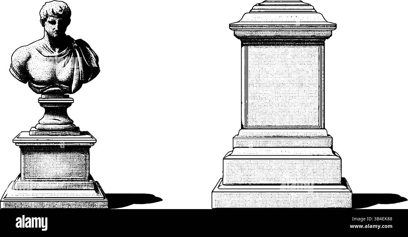 Illustrazione vintage incisa di statue classiche e zoccolo per progetti artistici e storici. Illustrazione Vettoriale