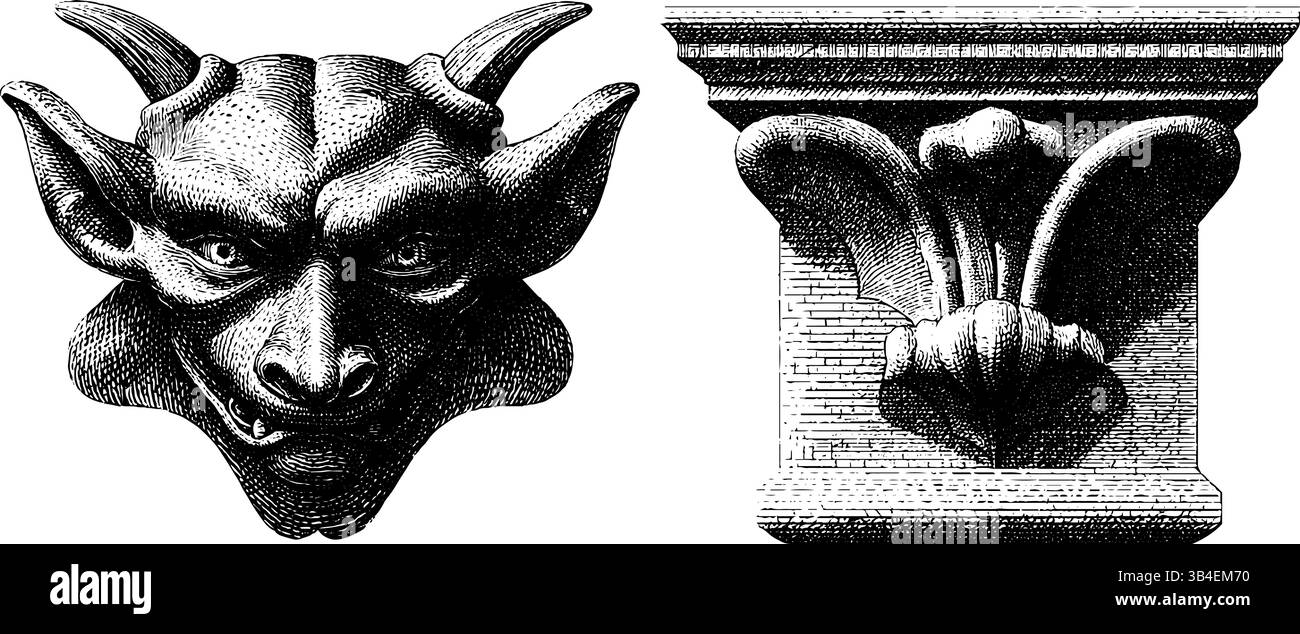 Disegni in gargoyle incisi e disegni architettonici con beccuccio ad acqua per il design. Illustrazione Vettoriale