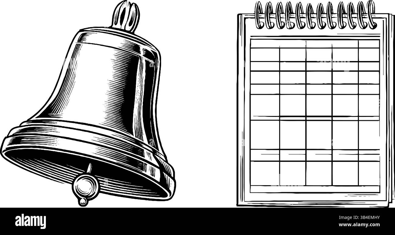 Campanello scolastico d'epoca e incisione degli orari per progetti didattici di design. Illustrazione Vettoriale