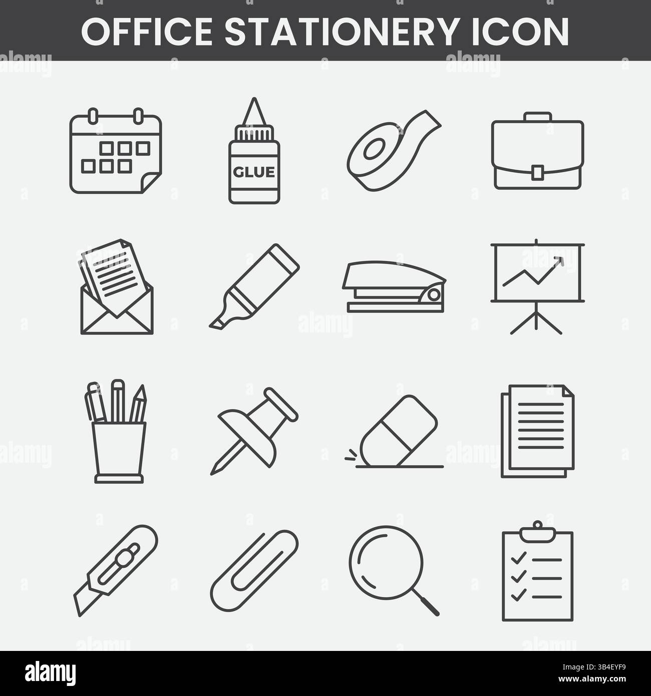 Set di icone per ufficio minimalista Cancelleria, documenti, strumenti ed elementi professionali in bianco e nero parole chiave Art: Illustrazione Vettoriale