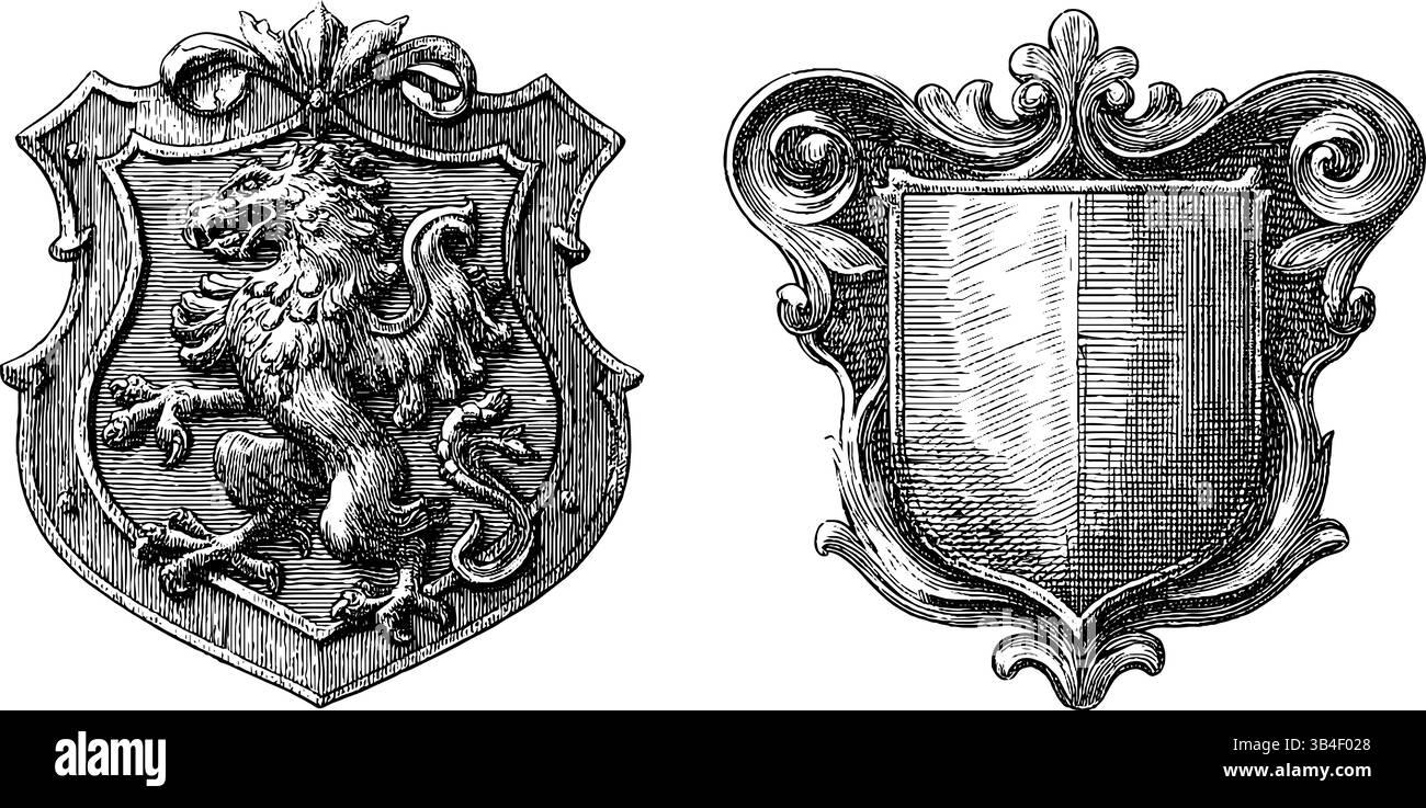 Stemma araldico d'epoca griffin e scudo cavalleresco decorato per progetti storici. Illustrazione Vettoriale