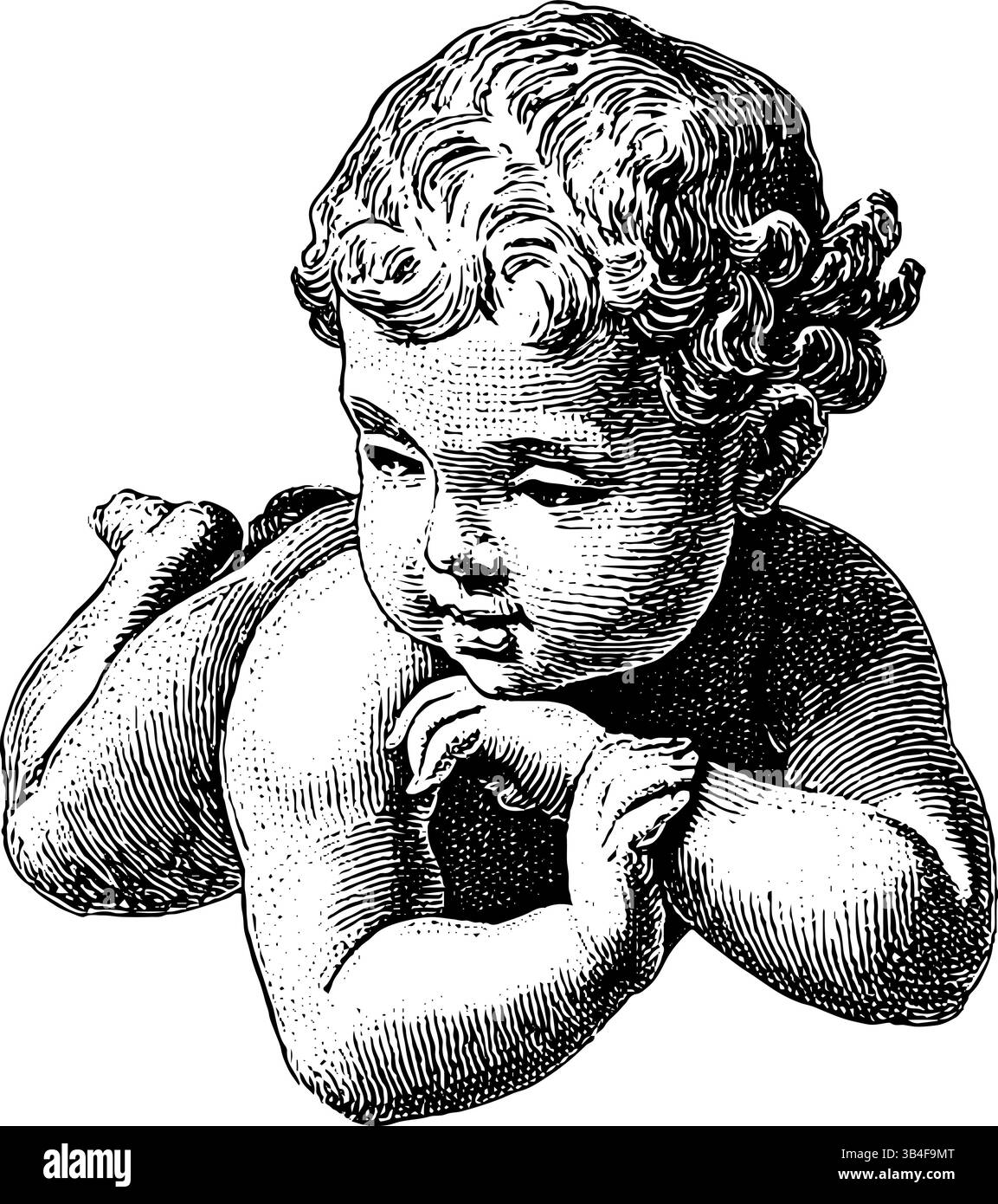 Illustrazione dettagliata incisa del putto con linee nere audaci per un design d'arte classica. Illustrazione Vettoriale