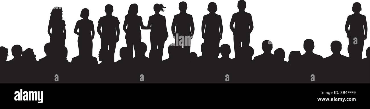 Ampia folla in bianco e nero: Illustrazione minimalista monocromatica di persone diverse che si uniscono Illustrazione Vettoriale