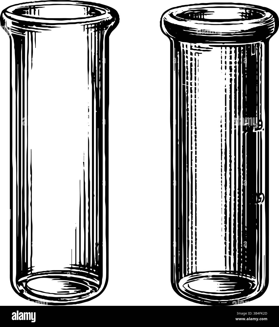 Incisione scientifica vintage di vetreria da laboratorio con provetta per analisi e becher. Illustrazione Vettoriale