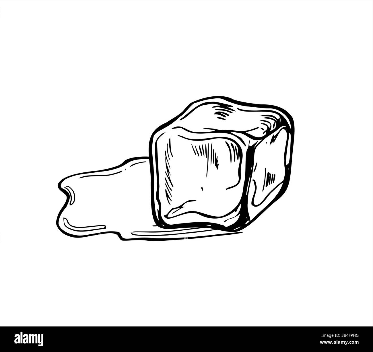 Cubetto di ghiaccio monocromatico con illustrazione vettoriale di pozzanghere d'acqua verniciato con inchiostri neri. Disegno di incisione del blocco di ghiaccio per lo scongelamento per scopi scientifici Illustrazione Vettoriale