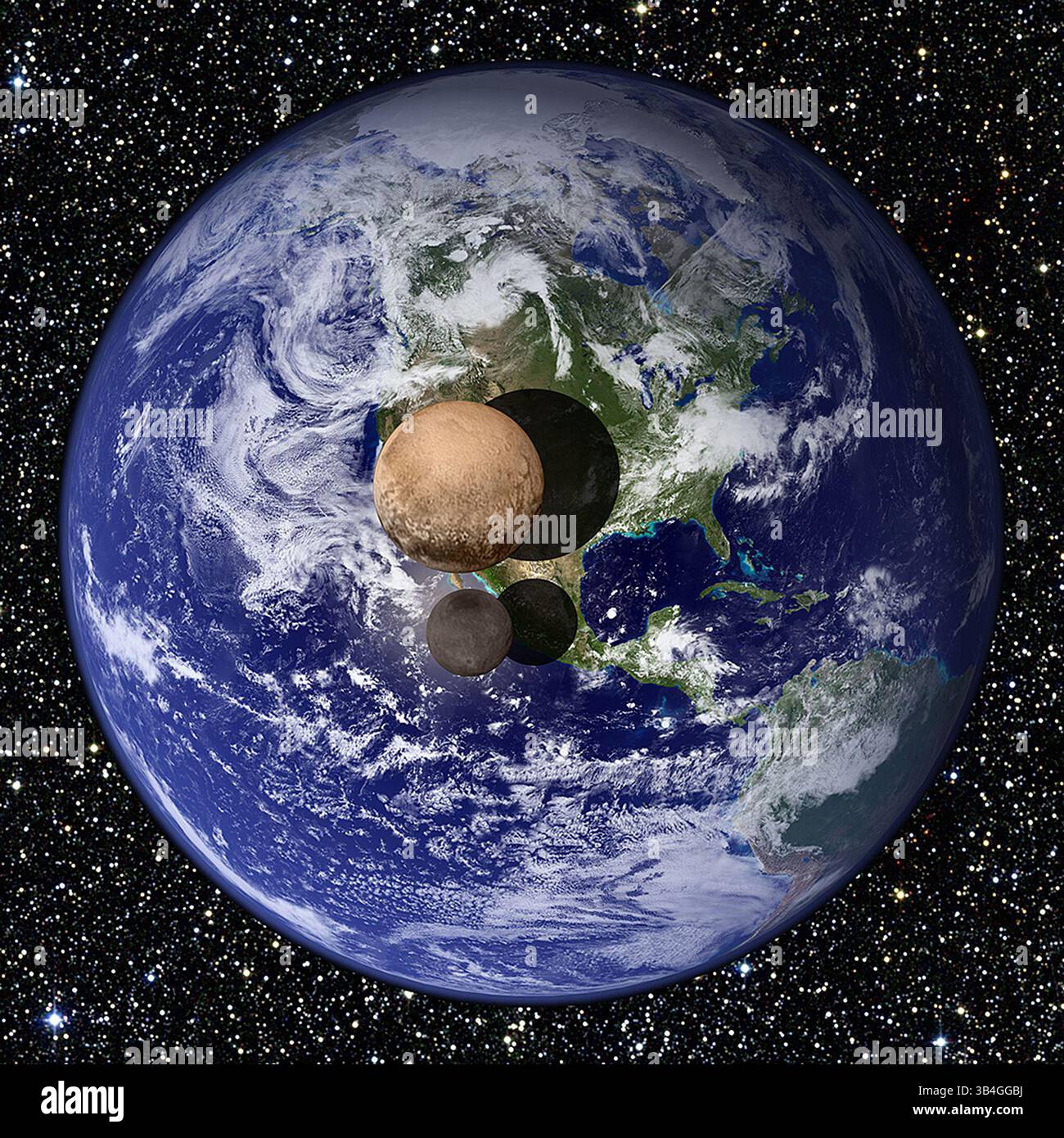13 luglio 2015 - SISTEMA SOL Plutone -- 13 luglio 2015 -- l'impressione di questo artista dell'oggetto sub-planetario Plutone e della sua luna Caronte sono sovrapposti ad un'immagine della Terra per mostrare le loro dimensioni relative. La navicella spaziale NASA New Horizons ha trascorso oltre nove anni nel suo viaggio verso la periferia del nostro sistema solare per scoprire di più su questo misterioso corpo celeste e arrivare nell'orbita intorno al pianeta oggi. Volerà oltre Plutone e la sua luna Caronte il 14 luglio 2015 - foto di NASA/JHUAPL/SwRI/NASA (immagine di credito: © Jon Mitchell/NASA via ZUMA Press) Foto Stock
