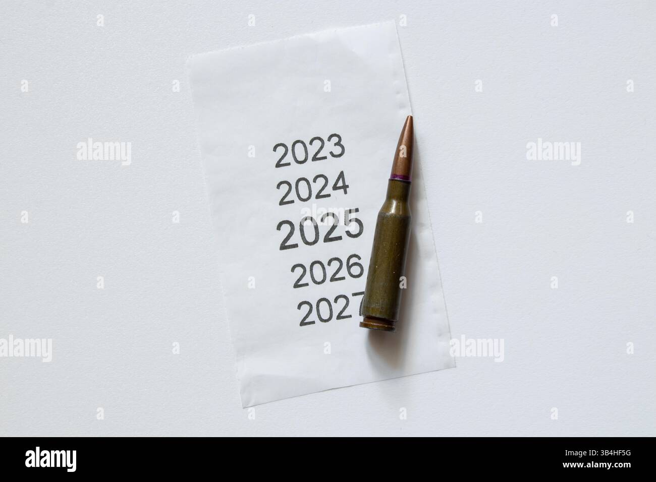 Il proiettile si trova su carta con anni stampati dal 2023 al 2027 su sfondo bianco, piani per il futuro Foto Stock