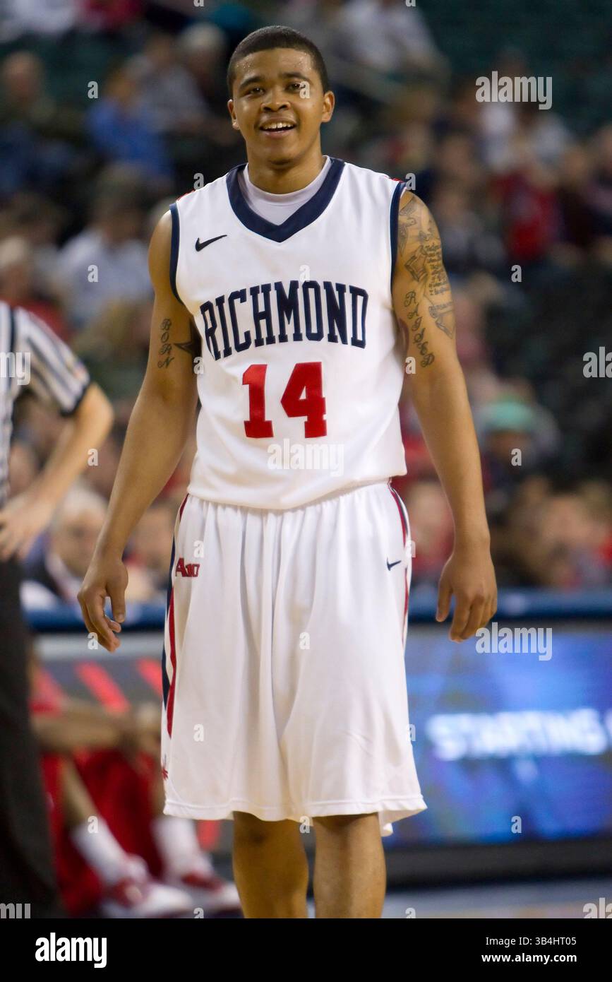 13 marzo 2011: La guardia dei Richmond Spiders Kevin Anderson (14) guarda con un sorriso durante la partita di Atlantic 10 Tournament Championship tra i Dayton Flyers e i Richmond Spiders al Boardwalk Hall di Atlantic City, New Jersey.(Credit Image: © Chris Szagola/Cal Sport Media/ZUMAPRESS.com) Foto Stock