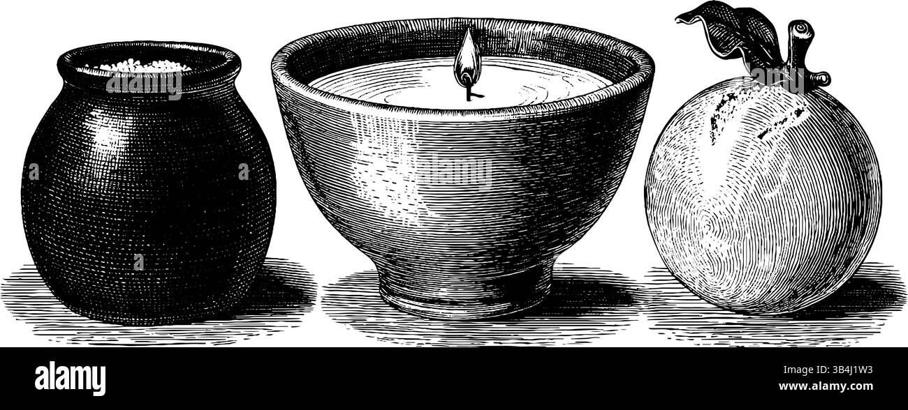 Set vintage inciso con sali da bagno, candele profumate ed elementi decorativi per un'atmosfera spa. Illustrazione Vettoriale