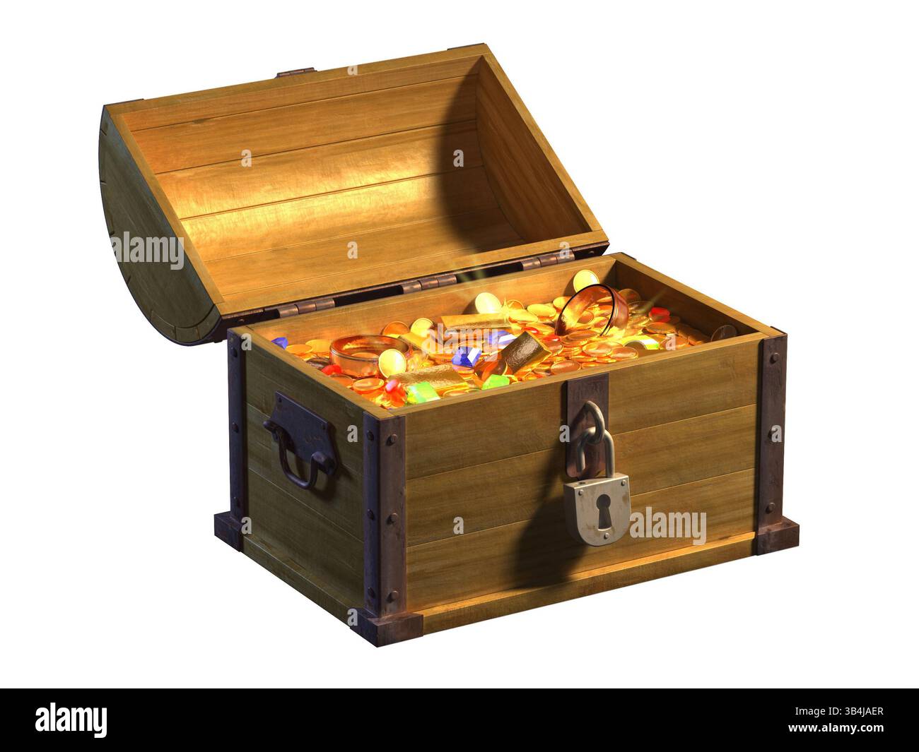 Scrigno aperto che mostra le monete, l'oro e le pietre preziose. Illustrazione digitale. Foto Stock